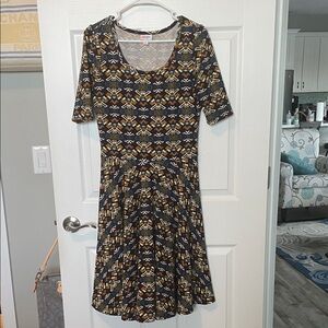 LuLaRoe Black and Gold Patterned Midi Dress